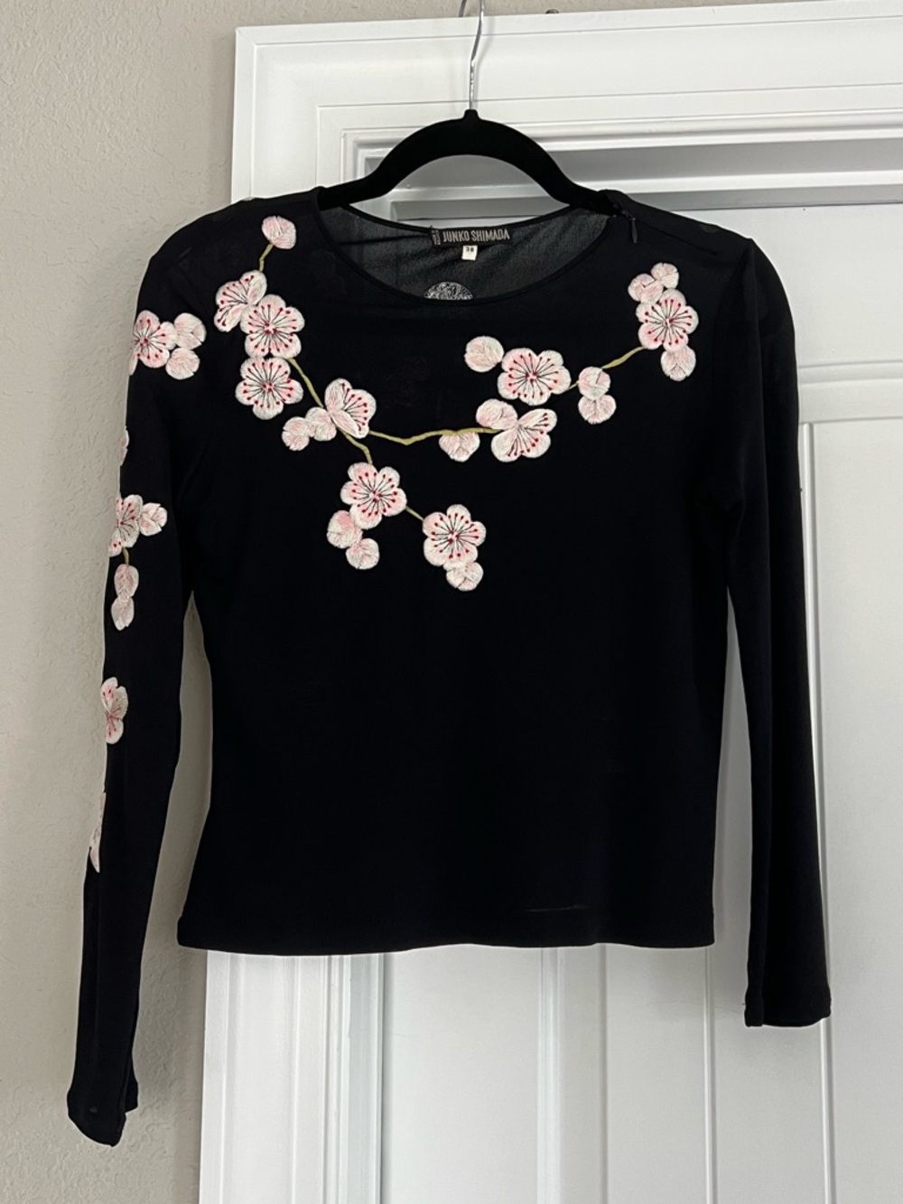 Vintage Junko Shimada Black sheer embroidered top Pink Floral Embroidery